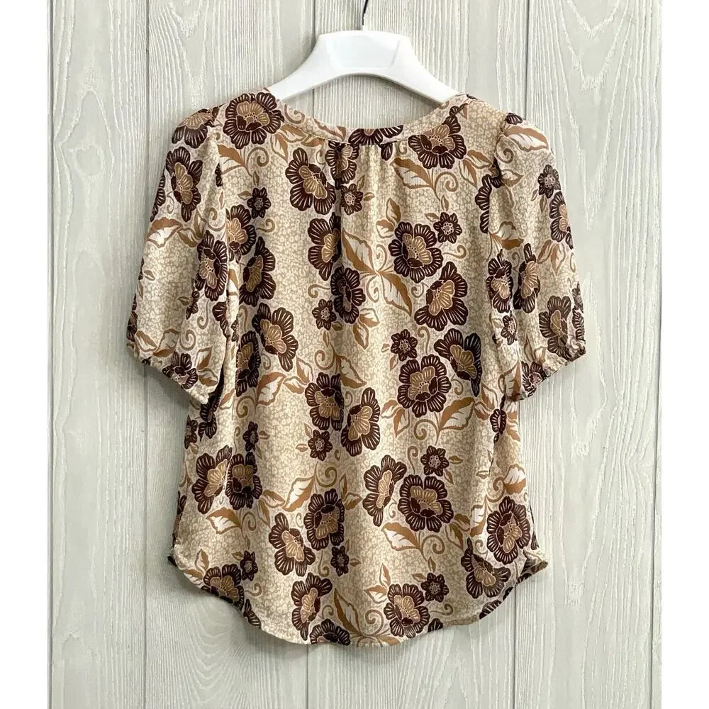 Loft Petites Floral Brown Puff Sleeve Top XSP